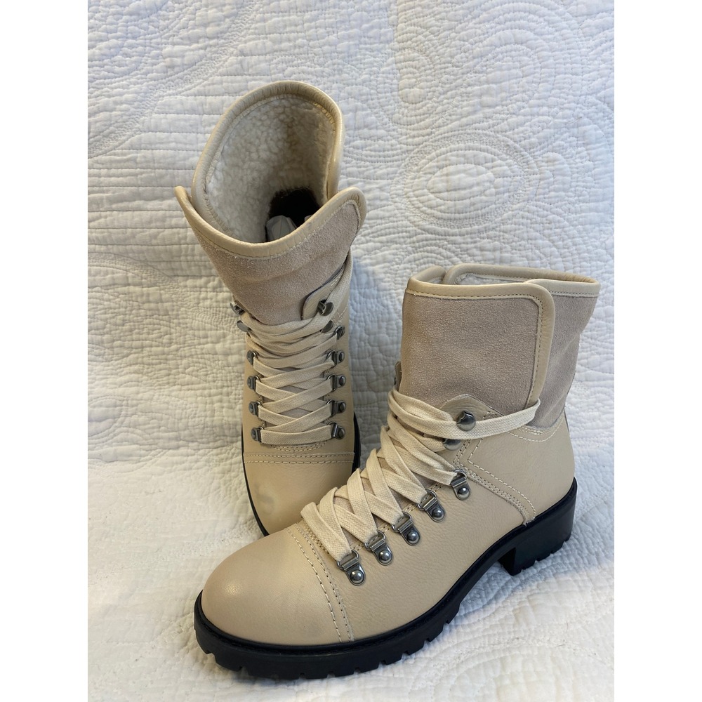 Frye & Co Womens Cream Leather Shearling Lined Lace Up Combat Lug Sole Boots 9.5